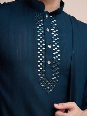 Teal blue viscose jari weaving mirror work wedding function festival marriage party wear straight kurta pant dupatta 4