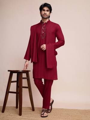 Maroon viscose jari weaving mirror work wedding function festival marriage party wear straight kurta pant dupatta 1