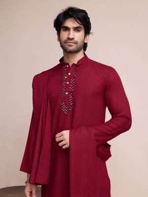 Maroon viscose jari weaving mirror work wedding function festival marriage party wear straight kurta pant dupatta 3