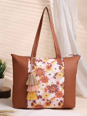 lush tan & multi floral printed polycotton canvas & pu tote bag 1