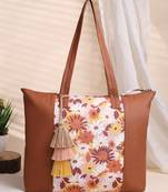 lush tan & multi floral printed polycotton canvas & pu tote bag
