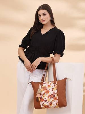 lush tan & multi floral printed polycotton canvas & pu tote bag 3