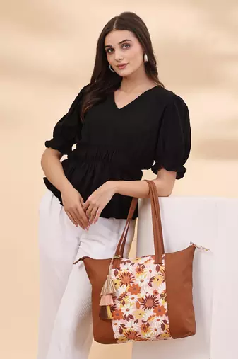 lush tan & multi floral printed polycotton canvas & pu tote bag