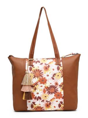 lush tan & multi floral printed polycotton canvas & pu tote bag 4