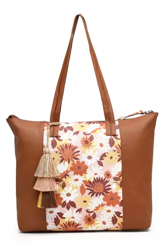 lush tan & multi floral printed polycotton canvas & pu tote bag