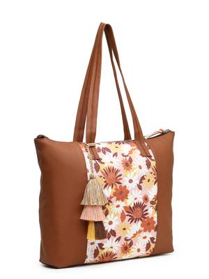 lush tan & multi floral printed polycotton canvas & pu tote bag 5