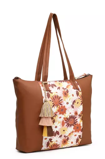 lush tan & multi floral printed polycotton canvas & pu tote bag