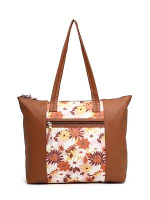 lush tan & multi floral printed polycotton canvas & pu tote bag 6