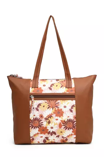 lush tan & multi floral printed polycotton canvas & pu tote bag