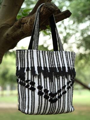 boho black & white striped cotton dari canvas tote bag 1
