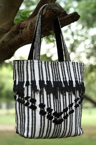 boho black & white striped cotton dari canvas tote bag