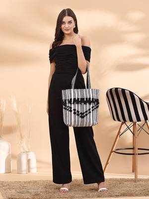 boho black & white striped cotton dari canvas tote bag 3