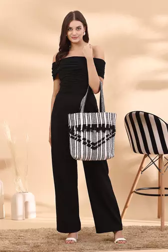boho black & white striped cotton dari canvas tote bag
