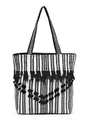 boho black & white striped cotton dari canvas tote bag 4