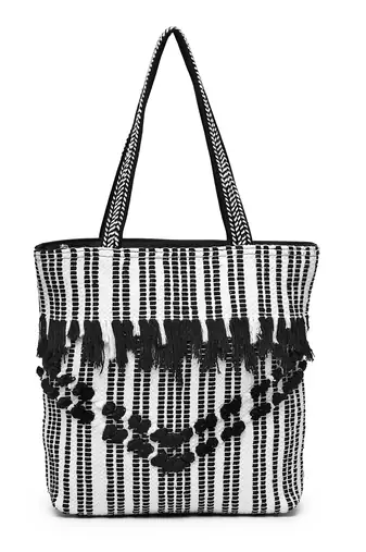 boho black & white striped cotton dari canvas tote bag