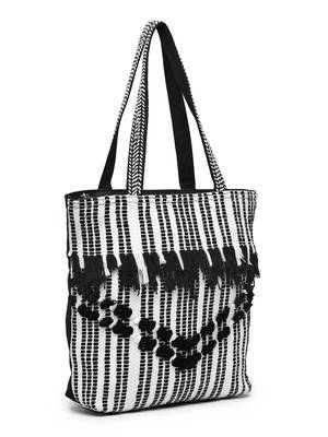 boho black & white striped cotton dari canvas tote bag 5