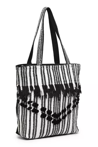 boho black & white striped cotton dari canvas tote bag