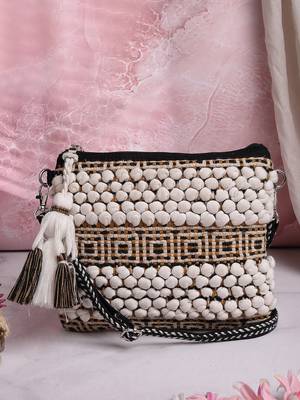 boho white, black and mustard knot stich striped canvas dari sling bag 1
