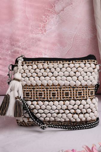 boho white, black and mustard knot stich striped canvas dari sling bag