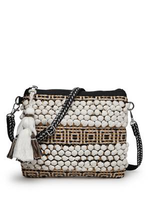 boho white, black and mustard knot stich striped canvas dari sling bag 4