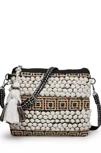 boho white, black and mustard knot stich striped canvas dari sling bag