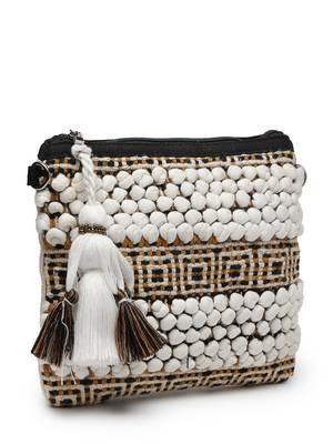 boho white, black and mustard knot stich striped canvas dari sling bag 5