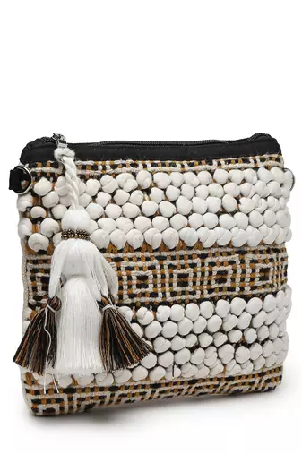 boho white, black and mustard knot stich striped canvas dari sling bag