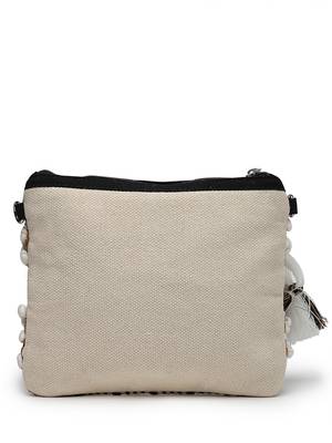 boho white, black and mustard knot stich striped canvas dari sling bag 6