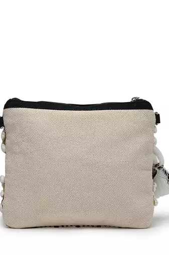 boho white, black and mustard knot stich striped canvas dari sling bag