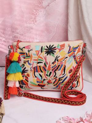 boho coral & multi quirky embroidered cotton canvas sling bag 1