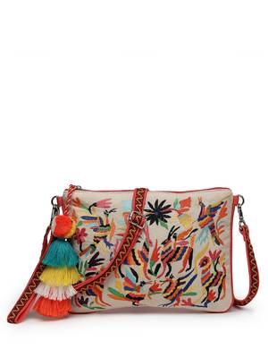 boho coral & multi quirky embroidered cotton canvas sling bag 4