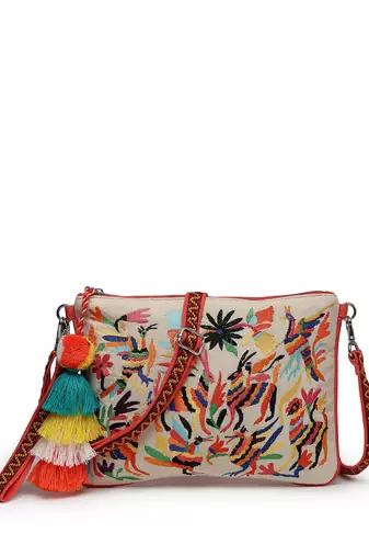 boho coral & multi quirky embroidered cotton canvas sling bag