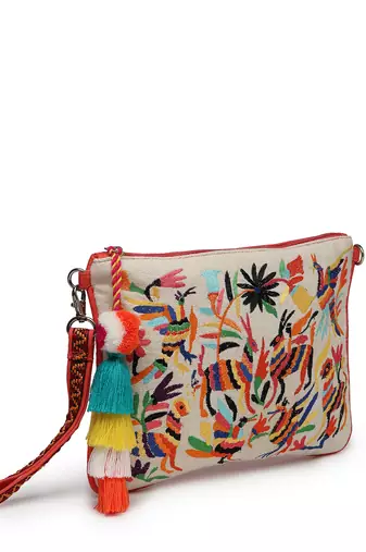 boho coral & multi quirky embroidered cotton canvas sling bag