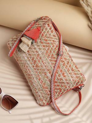 boho coral & multi chevron self design cotton acrylic sling bag 1