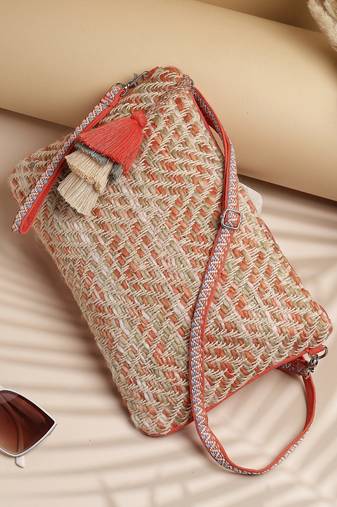 boho coral & multi chevron self design cotton acrylic sling bag