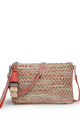 boho coral & multi chevron self design cotton acrylic sling bag