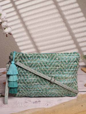 boho pista green & off white chevron self design cotton acrylic sling bag 1