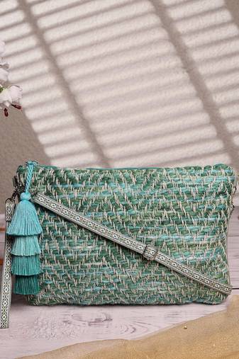 boho pista green & off white chevron self design cotton acrylic sling bag