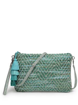 boho pista green & off white chevron self design cotton acrylic sling bag 4