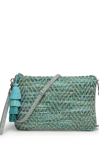 boho pista green & off white chevron self design cotton acrylic sling bag