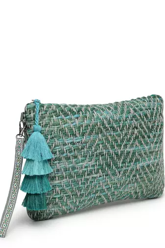 boho pista green & off white chevron self design cotton acrylic sling bag
