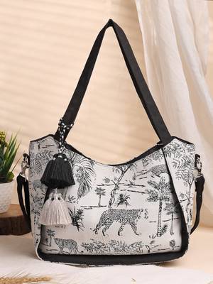 jungle black & off white toile cotton jacquard tote bag 1