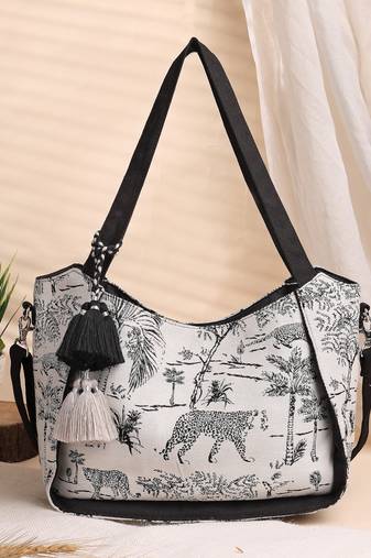 jungle black & off white toile cotton jacquard tote bag