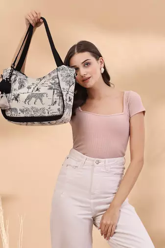 jungle black & off white toile cotton jacquard tote bag