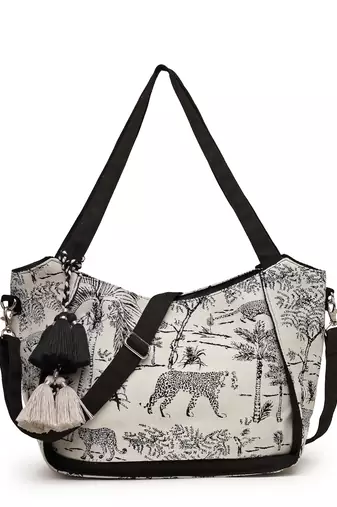 jungle black & off white toile cotton jacquard tote bag