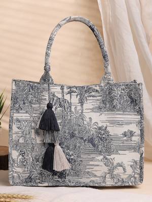jungle natural & navy toile cotton jacquard handheld bag 1