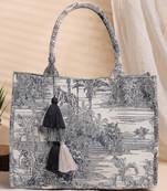 jungle natural & navy toile cotton jacquard handheld bag