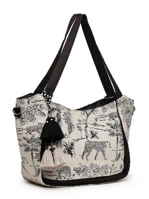 jungle black & off white toile cotton jacquard tote bag 5