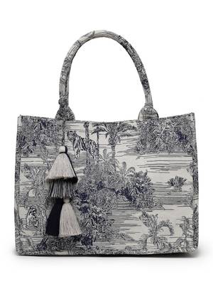 jungle natural & navy toile cotton jacquard handheld bag 4