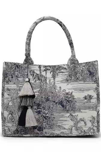 jungle natural & navy toile cotton jacquard handheld bag